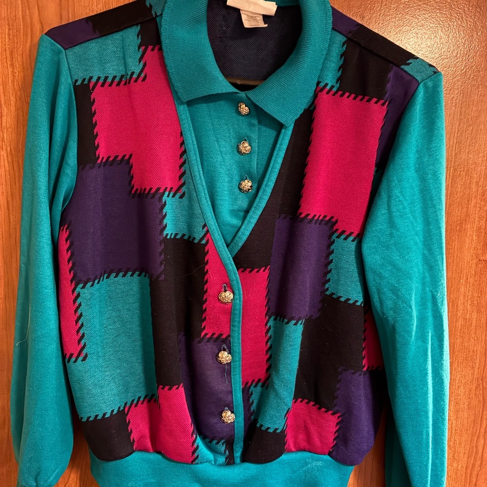 Alfred Dunner Teal and Magenta Cardigan Sweater